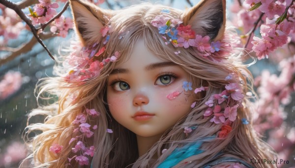 1girl, solo, long hair, looking at viewer, bangs, blonde hair, hair ornament, animal ears, closed mouth, green eyes, flower, outdoors, cat ears, hair flower, blurry, lips, petals, fox ears, eyelashes, depth of field, blurry background, thick eyebrows, cherry blossoms, portrait, pink flower, freckles, realistic, nose