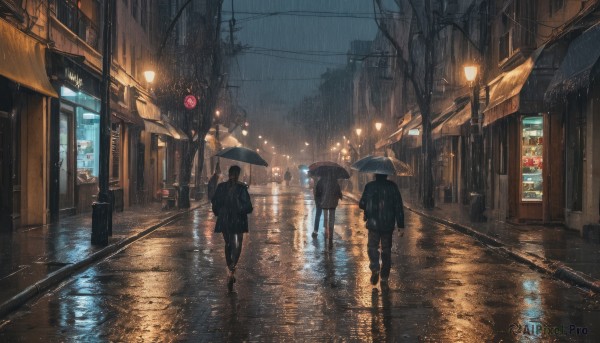 multiple girls, holding, outdoors, sky, bag, from behind, dutch angle, night, umbrella, backpack, ground vehicle, building, scenery, reflection, walking, rain, holding umbrella, city, sign, road, dark, transparent, power lines, lamppost, street, utility pole, puddle, vending machine, traffic light, crosswalk, vanishing point