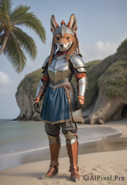 1girl,solo,looking at viewer,gloves,animal ears,jewelry,standing,full body,braid,earrings,boots,outdoors,sky,day,pants,cloud,water,armor,black eyes,tree,blue sky,ocean,beach,helmet,shoulder armor,gauntlets,furry,1other,pauldrons,breastplate,sand,palm tree,furry female,greaves,faulds,chainmail,long hair,blue eyes,orange hair,twin braids,fox ears,armored boots,ears through headwear