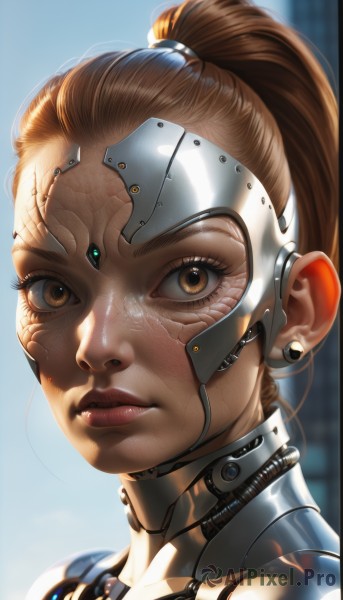 1girl,solo,long hair,looking at viewer,brown hair,brown eyes,closed mouth,ponytail,blurry,lips,eyelashes,makeup,blurry background,headgear,high ponytail,portrait,close-up,freckles,science fiction,realistic,nose,android,cyborg,hair pulled back,cyberpunk,mechanical parts,jewelry,earrings,artist name,signature,armor,bodysuit,forehead,backlighting,forehead jewel