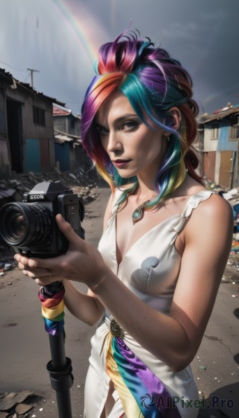 1girl,solo,long hair,breasts,looking at viewer,smile,blonde hair,dress,holding,cleavage,bare shoulders,brown eyes,jewelry,medium breasts,closed mouth,blue hair,standing,pink hair,purple hair,multicolored hair,earrings,small breasts,outdoors,sky,sleeveless,day,artist name,necklace,white dress,bracelet,two-tone hair,lips,fingernails,eyelashes,gradient hair,makeup,sleeveless dress,watermark,sunlight,lipstick,building,gem,web address,lens flare,eyeshadow,freckles,realistic,nose,camera,rainbow,mascara,holding camera,rainbow hair,green hair,piercing,staff