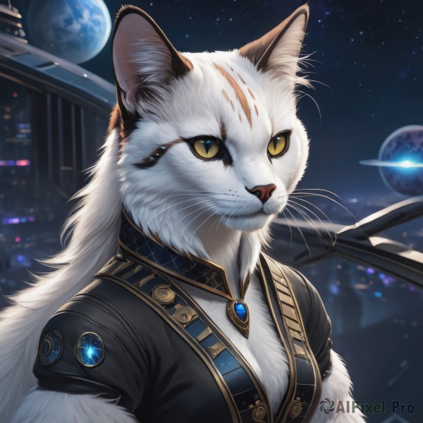 1girl,solo,long hair,breasts,looking at viewer,animal ears,jewelry,closed mouth,jacket,yellow eyes,upper body,short sleeves,outdoors,sky,artist name,black jacket,no humans,night,animal,moon,cat,slit pupils,brooch,building,gem,star (sky),night sky,furry,full moon,starry sky,colored sclera,city,cityscape,space,animal focus,white fur,planet,yellow sclera,whiskers,city lights,white cat,white hair,cat ears,signature,necklace,blurry,animal ear fluff,pendant,realistic,fantasy,earth (planet)