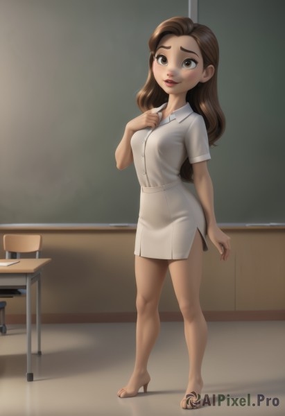 1girl,solo,long hair,breasts,looking at viewer,smile,skirt,brown hair,shirt,brown eyes,standing,full body,white shirt,short sleeves,small breasts,parted lips,shoes,barefoot,artist name,indoors,miniskirt,high heels,lips,makeup,toes,white skirt,hand on own chest,desk,pencil skirt,classroom,chalkboard,teacher,blush,open mouth,dress,medium breasts,pantyhose,white dress,feet,see-through,short dress,white footwear,see-through legwear