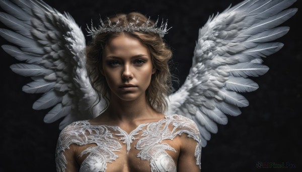 1girl,solo,long hair,breasts,looking at viewer,blue eyes,blonde hair,simple background,brown hair,closed mouth,upper body,nude,wings,lips,tiara,crown,black background,feathered wings,angel wings,realistic,white wings,angel,short hair,medium breasts