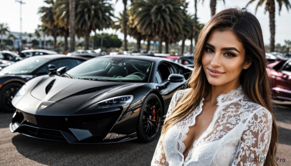 1girl,solo,long hair,breasts,looking at viewer,smile,brown hair,black hair,dress,cleavage,brown eyes,medium breasts,upper body,multicolored hair,outdoors,parted lips,dark skin,white dress,blurry,dark-skinned female,tree,lips,blurry background,ground vehicle,motor vehicle,realistic,palm tree,car,road,vehicle focus,lamppost,photo background,sports car,mole