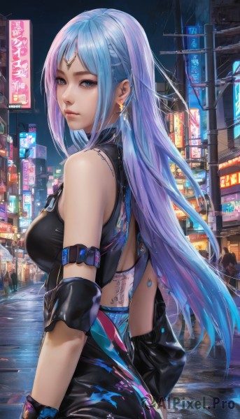 1girl,solo,long hair,breasts,looking at viewer,bangs,blue eyes,shirt,gloves,bare shoulders,jewelry,medium breasts,closed mouth,blue hair,standing,pink hair,multicolored hair,earrings,outdoors,sky,sleeveless,looking back,from behind,two-tone hair,lips,parted bangs,black shirt,tattoo,gradient hair,night,piercing,building,ear piercing,night sky,circlet,city,realistic,nose,arm tattoo,lamppost,street,cyberpunk,neon lights,upper body,sidelocks,artist name,watermark,armlet,road,cityscape,crosswalk