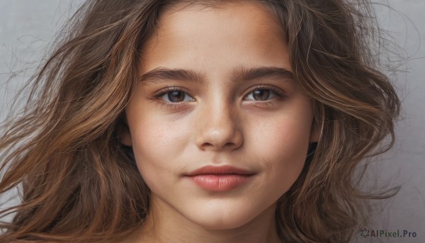 1girl,solo,long hair,looking at viewer,simple background,brown hair,brown eyes,closed mouth,grey background,lips,portrait,close-up,realistic,nose,smile,eyelashes,messy hair