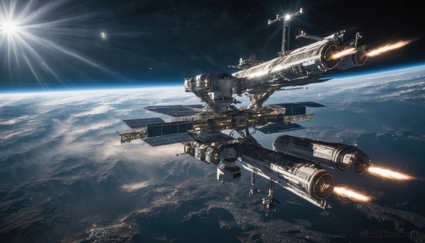 sky,cloud,military,no humans,star (sky),scenery,flying,science fiction,realistic,aircraft,sun,cannon,battle,space,explosion,vehicle focus,planet,firing,earth (planet),spacecraft,missile,thrusters,laser,signature,sunlight,light rays