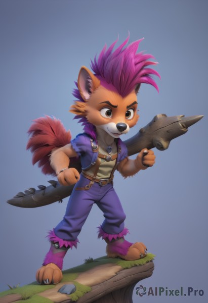 solo,smile,simple background,shirt,1boy,holding,animal ears,brown eyes,jewelry,standing,jacket,tail,full body,weapon,pink hair,purple hair,male focus,barefoot,belt,pants,necklace,holding weapon,gun,blue background,furry,furry male,brown fur,mohawk,crossbow,short hair,bangs,brown hair,closed mouth,short sleeves,multicolored hair,open clothes,teeth,artist name,hand up,grey background,grin,vest,open jacket,v-shaped eyebrows,animal ear fluff,gradient,fox ears,gradient background,fox tail,watermark,grass,spiked hair,multiple tails,clenched hand,claws,clenched hands,purple shirt,blue pants,brown belt,blue vest,body fur,animal nose,open vest,snout,two-tone fur,purple vest,orange fur