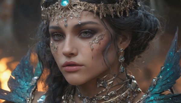 1girl,solo,long hair,looking at viewer,black hair,hair ornament,brown eyes,jewelry,green eyes,braid,earrings,parted lips,artist name,dark skin,necklace,blurry,dark-skinned female,lips,eyelashes,depth of field,blurry background,facial mark,feathers,gem,portrait,close-up,freckles,circlet,realistic,nose,head chain,short hair,yellow eyes,choker,makeup,light particles