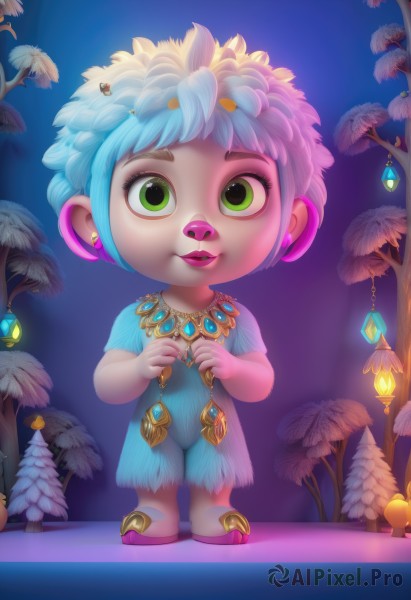 1girl,solo,looking at viewer,smile,short hair,hair ornament,dress,jewelry,green eyes,blue hair,standing,full body,pink hair,flower,short sleeves,multicolored hair,earrings,artist name,necklace,tree,lips,see-through,makeup,blue dress,piercing,bug,gem,child,pink footwear,lamp,pink skin,boots,parted lips,teeth,pointy ears,bodysuit,leaf,feathers