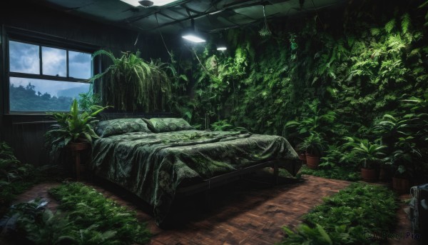 sky,day,cloud,indoors,tree,no humans,window,bed,table,sunlight,plant,scenery,couch,wooden floor,potted plant,lamp,ruins,vines,moss,overgrown,ground vehicle,light,ceiling light