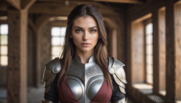 1girl,solo,long hair,breasts,looking at viewer,brown hair,brown eyes,jewelry,closed mouth,yellow eyes,upper body,multicolored hair,earrings,indoors,armor,blurry,two-tone hair,lips,window,makeup,blurry background,shoulder armor,pauldrons,breastplate,realistic,medium breasts,sunlight,forehead,nose