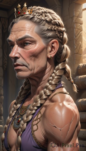 1girl,solo,long hair,breasts,looking at viewer,blue eyes,blonde hair,1boy,dress,bare shoulders,jewelry,upper body,braid,grey hair,male focus,earrings,teeth,indoors,necklace,twin braids,lips,muscular,facial hair,scar,crown,hair over shoulder,purple dress,beard,veins,realistic,nose,mustache,muscular female,manly,old,old man,wrinkled skin,multiple braids,veiny arms,cleavage,medium breasts,closed mouth,from side,piercing