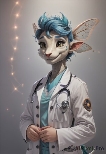 solo,looking at viewer,smile,long sleeves,1boy,brown eyes,closed mouth,blue hair,standing,tail,yellow eyes,upper body,male focus,wings,pointy ears,gradient,gradient background,sparkle,furry,labcoat,furry male,badge,stethoscope,doctor,hair ornament,artist name,facial mark,butterfly hair ornament,butterfly wings,monster boy