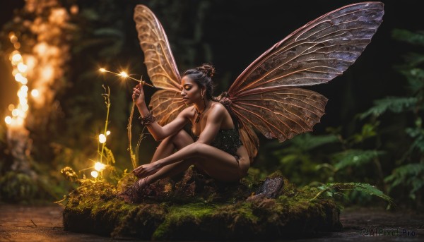 1girl,solo,short hair,black hair,bare shoulders,jewelry,sitting,underwear,panties,earrings,outdoors,wings,barefoot,hair bun,blurry,bracelet,tree,bug,nature,realistic,fairy wings,fairy,insect wings,breasts,medium breasts,yellow eyes,pointy ears,necklace,nail polish,from side,fingernails,makeup,depth of field,blurry background,single hair bun,plant,forest,fantasy,antennae,wand,on ground,butterfly wings,needle