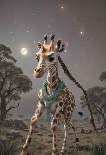 solo,looking at viewer,brown eyes,jewelry,standing,tail,full body,braid,outdoors,sky,artist name,necklace,black eyes,tree,no humans,single braid,night,animal,watermark,moon,grass,star (sky),night sky,full moon,starry sky,rock,animal focus,bare tree,hooves,deer,cow