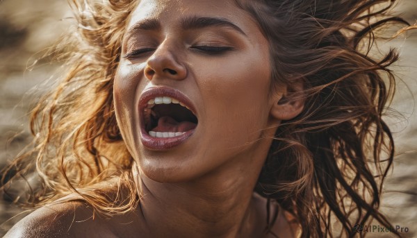 1girl,solo,long hair,open mouth,blonde hair,brown hair,closed eyes,lying,teeth,tongue,on back,lips,messy hair,portrait,realistic,nose,floating hair,parody,close-up,uvula