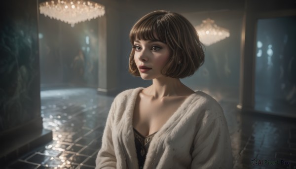 1girl,solo,breasts,short hair,bangs,brown hair,cleavage,brown eyes,medium breasts,collarbone,upper body,parted lips,indoors,lips,looking to the side,window,makeup,looking away,bob cut,lipstick,realistic,nose,red lips,jewelry,earrings,blurry,light