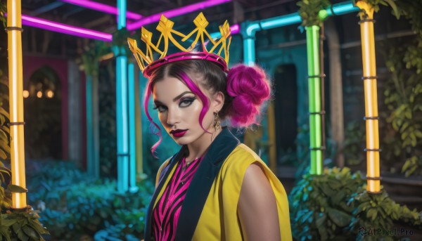 1girl,solo,looking at viewer,short hair,shirt,black hair,brown eyes,jewelry,closed mouth,jacket,upper body,pink hair,purple hair,multicolored hair,earrings,outdoors,sleeveless,hair bun,blurry,black eyes,vest,two-tone hair,lips,streaked hair,eyelashes,makeup,single hair bun,plant,lipstick,eyeshadow,nose,red lips,purple lips,flower,artist name,grey eyes,double bun,watermark,crown,neon lights