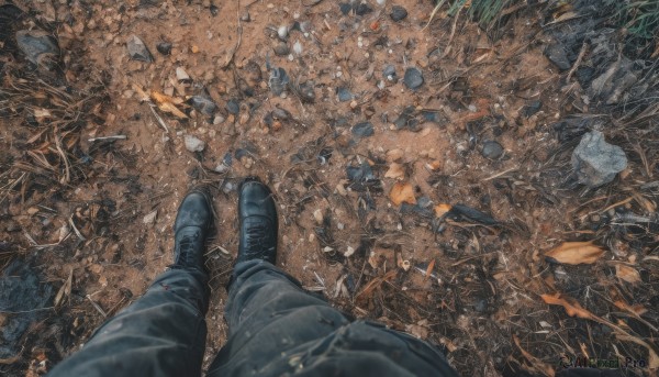 gloves,long sleeves,1boy,outdoors,black footwear,pov,from above,traditional media,scenery,out of frame,rock,glass,pov hands,broken,crack,ambiguous gender,debris,broken glass,stone,rubble,holding,male focus,multiple boys,shoes,black gloves,2boys,shards