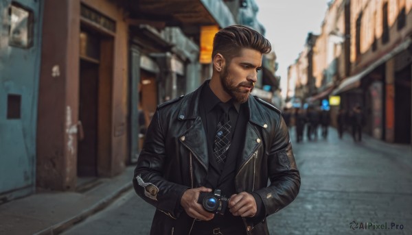 solo,short hair,brown hair,shirt,black hair,long sleeves,1boy,holding,closed mouth,jacket,upper body,male focus,outdoors,necktie,day,collared shirt,belt,blurry,vest,coat,black jacket,looking to the side,black shirt,depth of field,blurry background,facial hair,formal,building,black necktie,beard,black coat,city,realistic,mustache,camera,road,leather,street,photo background,holding camera,night,leather jacket