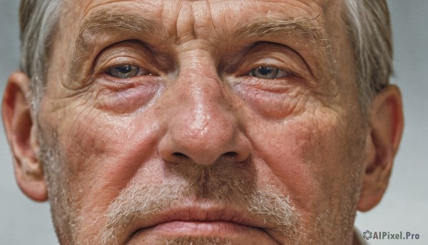 solo,looking at viewer,simple background,1boy,brown eyes,closed mouth,grey hair,male focus,grey background,blurry,facial hair,portrait,close-up,realistic,mustache,manly,old,old man,wrinkled skin,white hair,signature,grey eyes,beard,bald