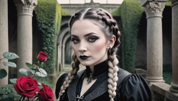 1girl,solo,long hair,looking at viewer,black hair,dress,jewelry,closed mouth,upper body,braid,flower,white hair,grey hair,multicolored hair,earrings,choker,necklace,blurry,black eyes,black dress,twin braids,two-tone hair,grey eyes,makeup,blurry background,rose,cross,plant,lipstick,red flower,pale skin,portrait,eyeshadow,red rose,pillar,gothic,black lips,column,multiple braids,twintails,puffy sleeves,collar,black choker,parody,forehead,red lips,style parody,eyeliner,crown braid,braided bangs,mascara