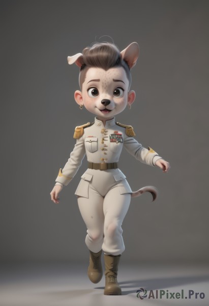 1girl,solo,looking at viewer,blush,smile,short hair,open mouth,simple background,brown hair,long sleeves,animal ears,brown eyes,jewelry,standing,jacket,tail,full body,earrings,boots,teeth,belt,pants,grey background,uniform,military,military uniform,brown footwear,white jacket,furry,freckles,walking,epaulettes,white pants,furry female,brown belt,snout,medal,buck teeth,1boy,male focus,extra ears,furry male