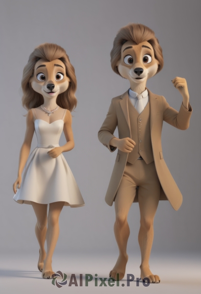 1girl,long hair,looking at viewer,smile,open mouth,simple background,brown hair,shirt,1boy,dress,bow,animal ears,brown eyes,jewelry,standing,full body,white shirt,barefoot,sleeveless,pants,bowtie,grey background,necklace,white dress,vest,coat,sleeveless dress,siblings,formal,child,furry,brown jacket,brother and sister,furry female,furry male,brown pants,pearl necklace,furrification,breasts,short hair,long sleeves,jacket,open clothes,teeth,artist name,blurry,blurry background,waistcoat,brown vest,husband and wife,brown fur