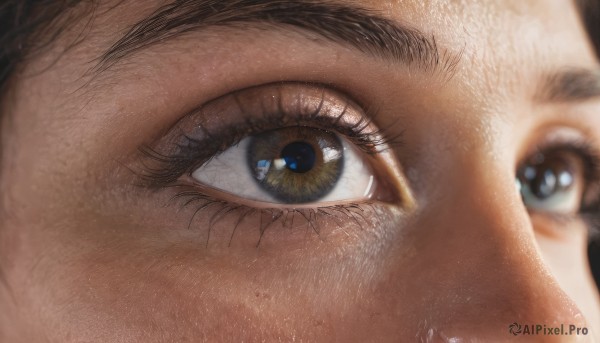 1girl, solo, blue eyes, 1boy, eyelashes, close-up, reflection, realistic, eye focus