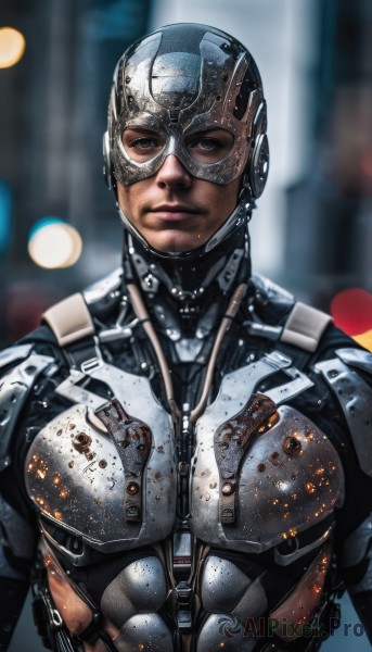 solo,looking at viewer,1boy,closed mouth,upper body,male focus,armor,blurry,black eyes,lips,bodysuit,blurry background,helmet,science fiction,realistic,cyborg,power armor,cyberpunk