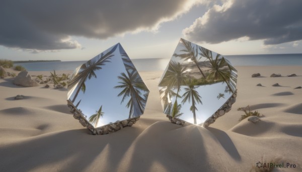 outdoors,sky,day,cloud,tree,blue sky,no humans,shadow,ocean,beach,sunlight,cloudy sky,scenery,rock,sand,palm tree,horizon,shade,shore,desert,footprints,water