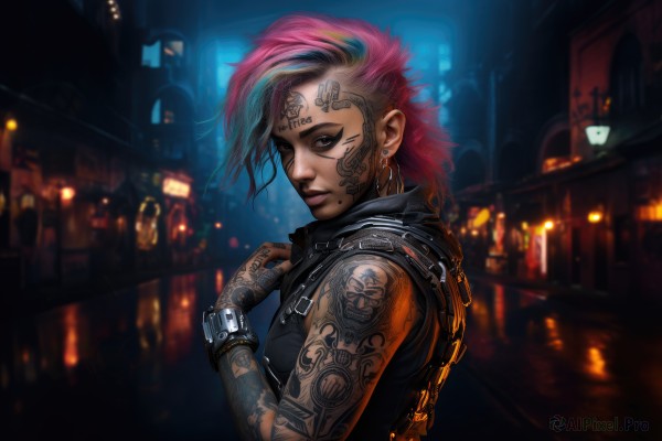 1girl,solo,looking at viewer,smile,short hair,brown eyes,jewelry,closed mouth,blue hair,upper body,pink hair,multicolored hair,earrings,sleeveless,dark skin,mole,blurry,vest,bracelet,from side,two-tone hair,lips,grey eyes,tattoo,makeup,depth of field,blurry background,piercing,ring,lipstick,ear piercing,mole under mouth,eyeshadow,watch,realistic,nose,wristwatch,arm tattoo,leather,facial tattoo,mascara,cyberpunk,nose piercing,lip piercing,gloves,hood,night,facepaint,undercut,mohawk,sleeveless hoodie,eyebrow piercing