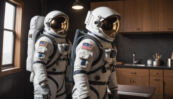 gloves,multiple boys,indoors,bag,military,window,backpack,helmet,science fiction,realistic,pilot suit,multiple others,kitchen,ambiguous gender,2others,american flag,spacesuit,sink,japanese flag,stove,3others,space helmet,astronaut,male focus,signature,2boys,lamp,pilot,united states