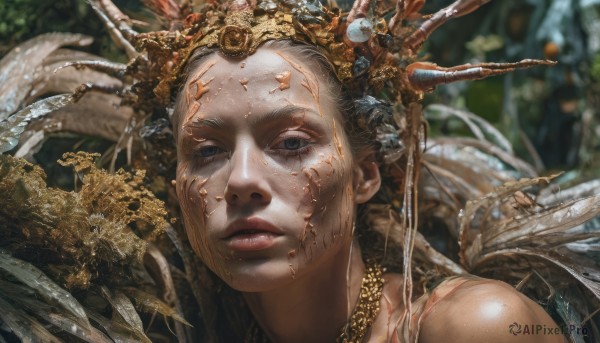 1girl,solo,long hair,looking at viewer,blue eyes,hair ornament,jewelry,outdoors,parted lips,wings,necklace,blurry,black eyes,lips,grey eyes,blurry background,portrait,realistic,gold,bare shoulders,closed mouth,signature,eyelashes,depth of field,crown,antlers,bone,wheat