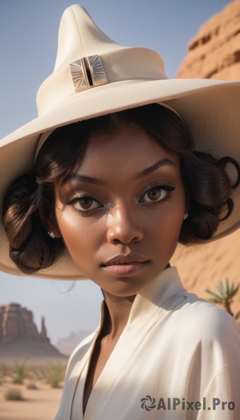 1girl,solo,looking at viewer,brown hair,black hair,hat,brown eyes,jewelry,closed mouth,white shirt,upper body,earrings,outdoors,sky,day,dark skin,hair bun,blurry,dark-skinned female,blue sky,lips,eyelashes,double bun,blurry background,white headwear,portrait,freckles,curly hair,realistic,nose,cowboy hat,desert,short hair,bangs,japanese clothes