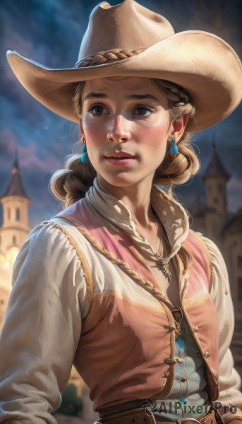 1girl,solo,long hair,blush,smile,brown hair,shirt,long sleeves,hat,brown eyes,jewelry,closed mouth,white shirt,upper body,braid,earrings,outdoors,sky,belt,necklace,blurry,vest,lips,looking to the side,blurry background,looking away,buckle,freckles,belt buckle,realistic,nose,brown headwear,brown belt,looking afar,castle,cowboy hat,brown vest,cowboy western,blue eyes,blonde hair,signature,night