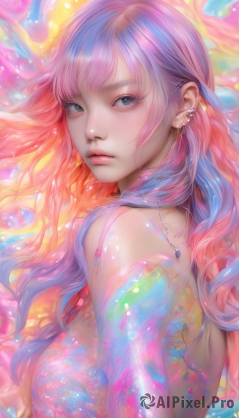 1girl,solo,long hair,breasts,looking at viewer,bangs,blue eyes,bare shoulders,jewelry,medium breasts,closed mouth,blue hair,upper body,pink hair,multicolored hair,earrings,necklace,from side,lips,grey eyes,eyelashes,gradient hair,makeup,watermark,piercing,ear piercing,pink lips,realistic,nose,colorful,parted lips,artist name,wavy hair,mascara