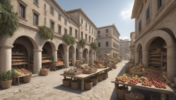 outdoors,food,sky,day,tree,blue sky,no humans,window,fruit,shadow,table,plant,building,scenery,stairs,city,basket,potted plant,road,house,bread,street,meat,town,arch,barrel,balcony,pavement,cloud,fantasy,apple,pillar,path,column,crate