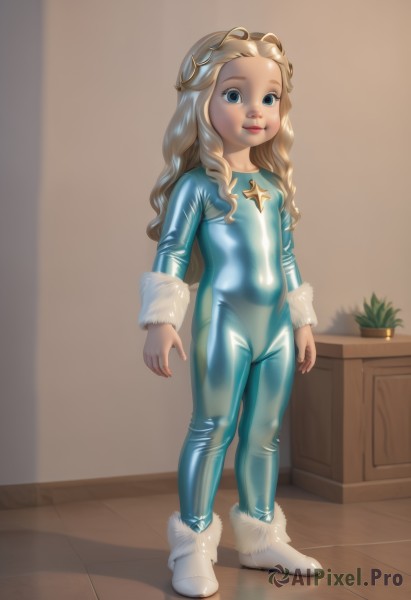 1girl,solo,long hair,looking at viewer,smile,blue eyes,blonde hair,closed mouth,standing,full body,boots,indoors,star (symbol),flat chest,lips,fur trim,loli,bodysuit,covered navel,cameltoe,white footwear,aged down,child,skin tight,shiny clothes,blue bodysuit,latex bodysuit,plant,curly hair,realistic