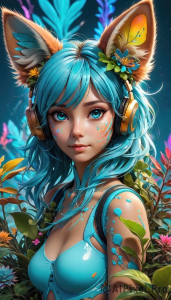 1girl,solo,long hair,breasts,looking at viewer,smile,bangs,blue eyes,hair ornament,animal ears,cleavage,bare shoulders,medium breasts,closed mouth,underwear,blue hair,collarbone,upper body,flower,shiny,artist name,cat ears,hair flower,bra,blurry,aqua eyes,lips,animal ear fluff,fox ears,eyelashes,aqua hair,makeup,swept bangs,headphones,leaf,watermark,facial mark,tank top,plant,web address,sports bra,pink lips,nose,mascara,paint splatter,paint,small breasts,sleeveless,signature,blue shirt,zipper,yellow flower,facepaint