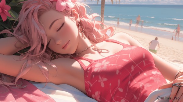 1girl,long hair,breasts,blush,smile,bangs,multiple girls,brown hair,shirt,hair ornament,dress,bare shoulders,jewelry,medium breasts,closed mouth,collarbone,swimsuit,closed eyes,upper body,pink hair,flower,earrings,small breasts,outdoors,lying,multiple boys,sky,sleeveless,solo focus,day,cloud,hair flower,on back,armpits,water,necklace,nail polish,arm up,bracelet,tree,lips,fingernails,one-piece swimsuit,bare arms,eyelashes,makeup,ocean,beach,floral print,sunlight,ring,sleeping,pink dress,facing viewer,pink flower,pink nails,arm behind head,hoop earrings,pink lips,sand,palm tree,wedding ring,hibiscus,summer,red one-piece swimsuit,pink one-piece swimsuit,2boys