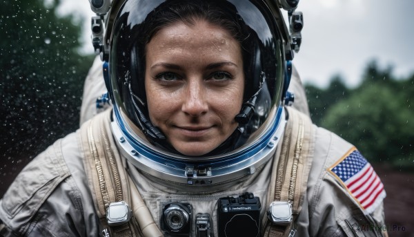 solo,looking at viewer,smile,brown hair,black hair,1boy,brown eyes,closed mouth,upper body,male focus,blurry,depth of field,blurry background,facial hair,helmet,realistic,camera,space,american flag,spacesuit,japanese flag,united states,astronaut,headphones,planet,flag print,earth (planet),space helmet,american flag print