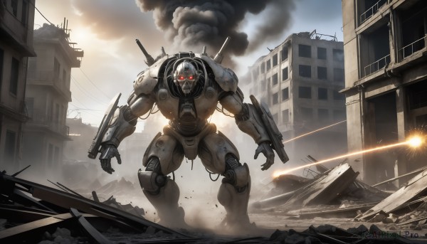 HQ,solo,red eyes,weapon,outdoors,sky,cloud,armor,gun,no humans,glowing,robot,building,mecha,glowing eyes,smoke,science fiction,city,realistic,explosion,ruins,power lines,damaged,firing,debris,dust,destruction,rubble,radio antenna,looking at viewer,battle