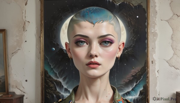 1girl,solo,looking at viewer,short hair,blue eyes,1boy,jewelry,blue hair,male focus,multicolored hair,earrings,parted lips,mole,lips,eyelashes,makeup,piercing,moon,ear piercing,portrait,eyeshadow,freckles,reflection,rain,realistic,nose,red lips,very short hair,mascara,eyeliner,space,planet