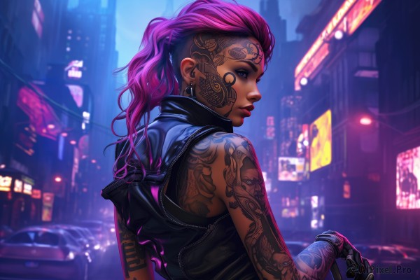 1girl,solo,long hair,looking at viewer,gloves,bare shoulders,jewelry,purple eyes,upper body,ponytail,pink hair,purple hair,earrings,outdoors,sleeveless,looking back,dark skin,from behind,blurry,vest,dark-skinned female,lips,tattoo,profile,makeup,night,blurry background,piercing,lipstick,ground vehicle,motor vehicle,city,nose,car,arm tattoo,mechanical arms,shoulder tattoo,undercut,facial tattoo,cyborg,hair pulled back,cyberpunk,neon lights,alternate costume,bag,backpack,street