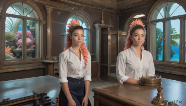 1girl,long hair,looking at viewer,multiple girls,skirt,brown hair,shirt,black hair,2girls,brown eyes,closed mouth,standing,white shirt,flower,red hair,multicolored hair,day,collared shirt,pants,indoors,dark skin,water,dark-skinned female,tree,lips,window,dress shirt,black pants,table,plant,sleeves rolled up,reflection,mirror,palm tree,shirt tucked in,candle,painting (object),different reflection,bangs,hair ornament,jewelry,sitting,weapon,earrings,gun,looking away,scenery,handgun,curly hair,realistic