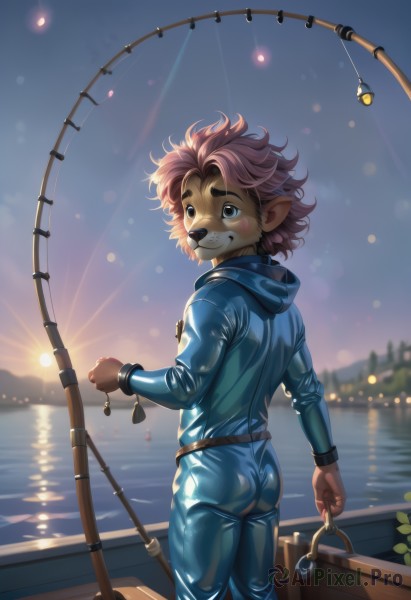 solo,looking at viewer,blush,smile,short hair,blue eyes,1boy,holding,standing,pink hair,ass,male focus,outdoors,sky,teeth,pointy ears,looking back,hood,water,from behind,grin,bodysuit,ocean,thick eyebrows,hood down,furry,sunset,sun,furry male,watercraft,boat,fishing rod,sunrise,brown hair,animal ears,shiny,belt,artist name,blurry,blurry background,skin tight,shiny clothes,leather,animal nose,river,blue hoodie,snout,lake,fishing,holding fishing rod