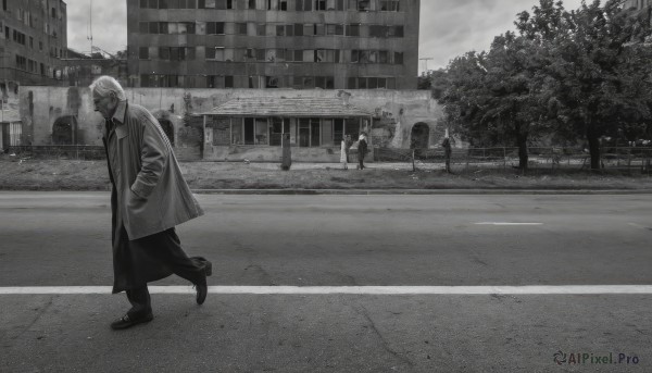 solo,short hair,shirt,long sleeves,1boy,standing,jacket,monochrome,greyscale,male focus,outdoors,multiple boys,sky,shoes,pants,cloud,tree,coat,facial hair,building,scenery,walking,running,cigarette,city,hands in pockets,smoking,road,street,open clothes,solo focus,cloudy sky,faceless,open coat,lamppost,crosswalk